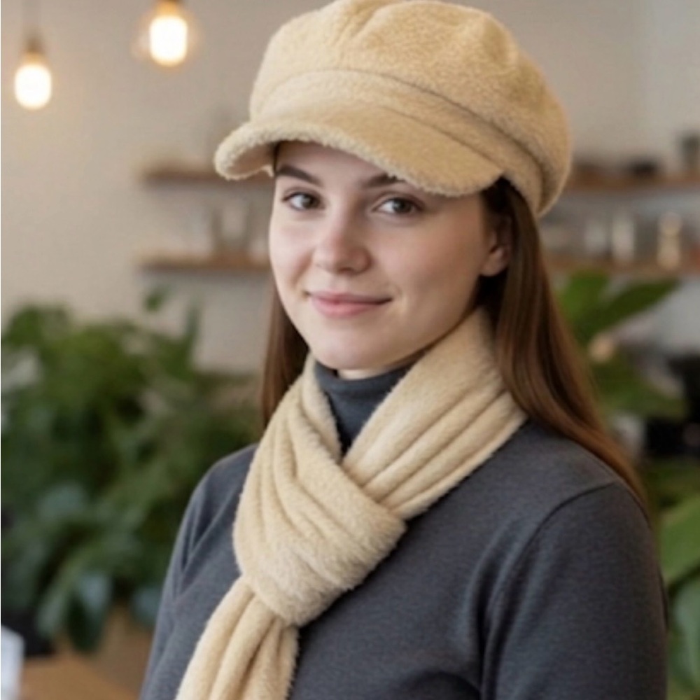 142. Eyelash fuzzy Beret Hat and Matching Scarf | Pale Yellow | OS
